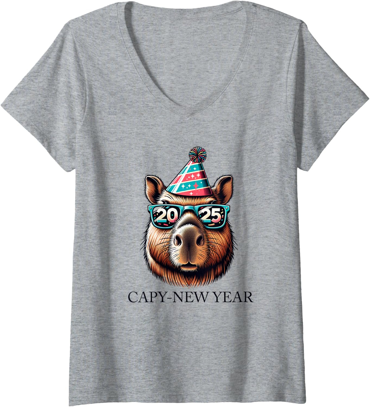 Women's Capy New Year 2025, Capybara New Year V-Neck T-Shirt - Heather Grey