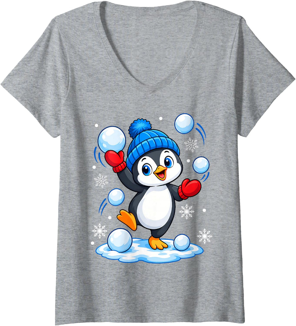 Women's Adorable Snowball Playful Winter Penguin Christmas V-Neck T-Shirt - Heather Grey