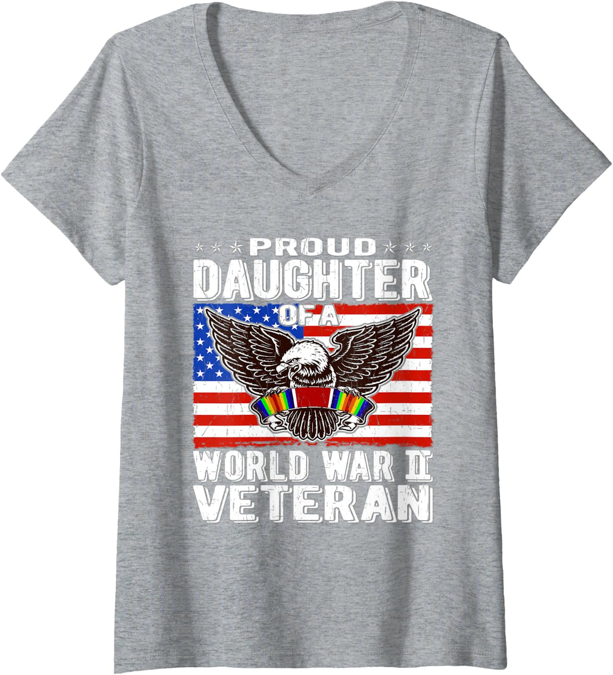 Womens Proud Daughter Of A World War 2 Veteran Patriotic WW2 Child V-Neck T-Shirt - Heather Grey