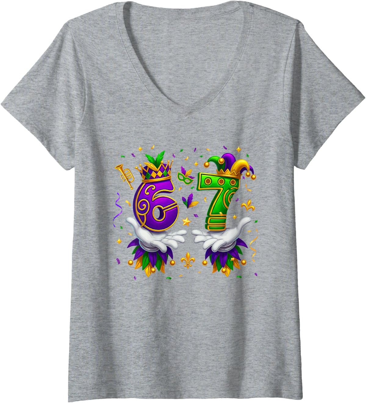 Women's 67 Mardi Gras Shirt 6 7 Meme Six Seven for Men Women V-Neck T-Shirt - Heather Grey