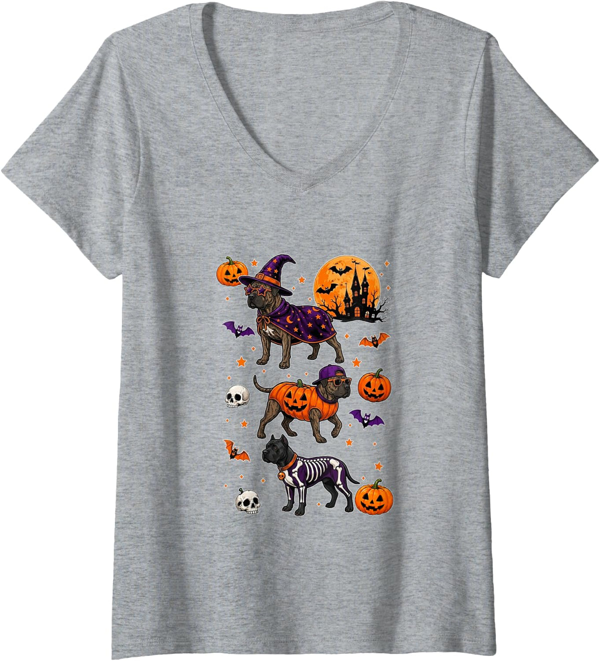 Women's Three Cute Cane Corsos Cosplay Witch Skeleton Halloween V-Neck T-Shirt - Heather Grey