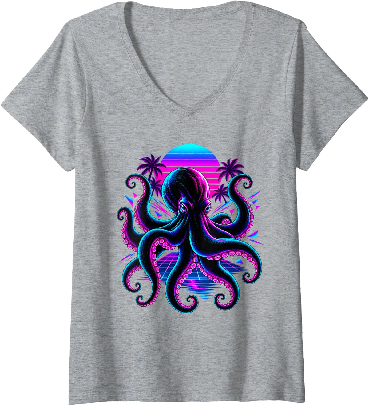Women's Retrowave Octopus Sunset Ocean Animal Art V-Neck T-Shirt - Heather Grey