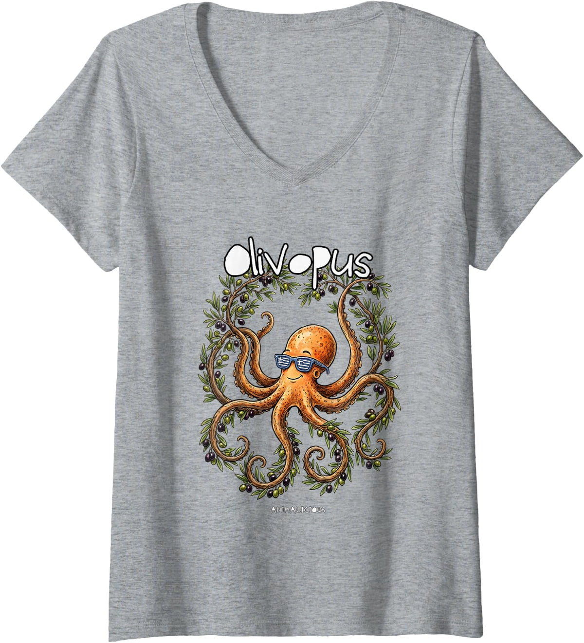 Women's Funny Octopus and Olive from Greece V-Neck T-Shirt - Heather Grey