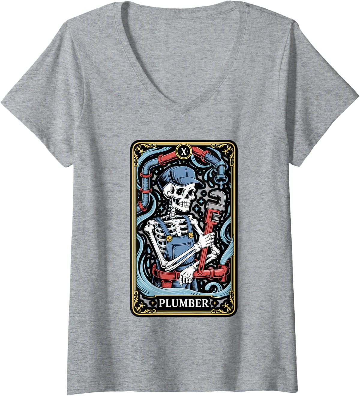 Women's Skeleton Plumber Tarot Card Design V-Neck T-Shirt - Heather Grey
