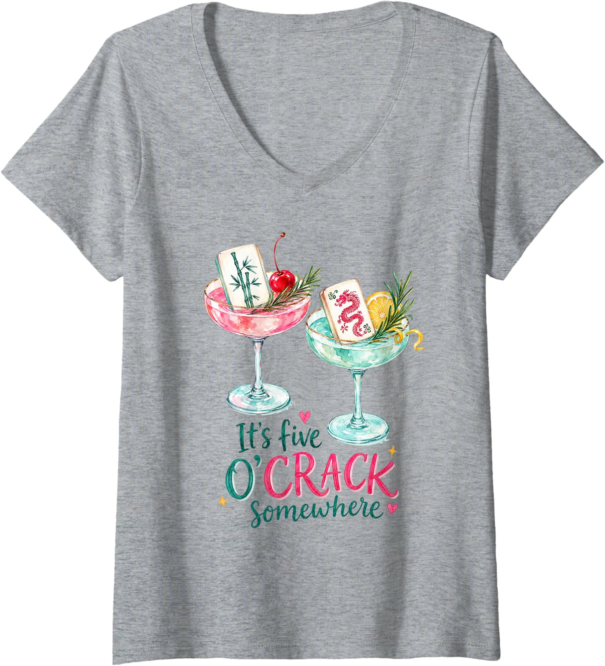 Women's Mahjong Lover Cracks Dots Bams It's Five O'crack Somewhere V-Neck T-Shirt - Heather Grey
