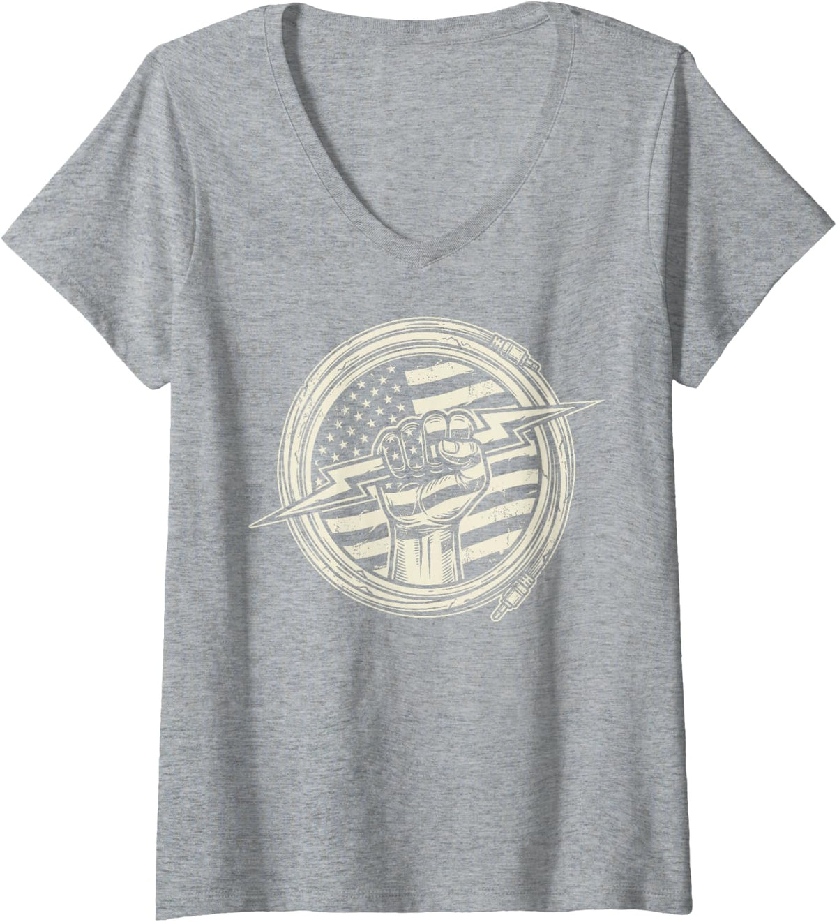 Women's American US Flag Electrician Lightning Electrical Worker Tee V-Neck T-Shirt - Heather Grey