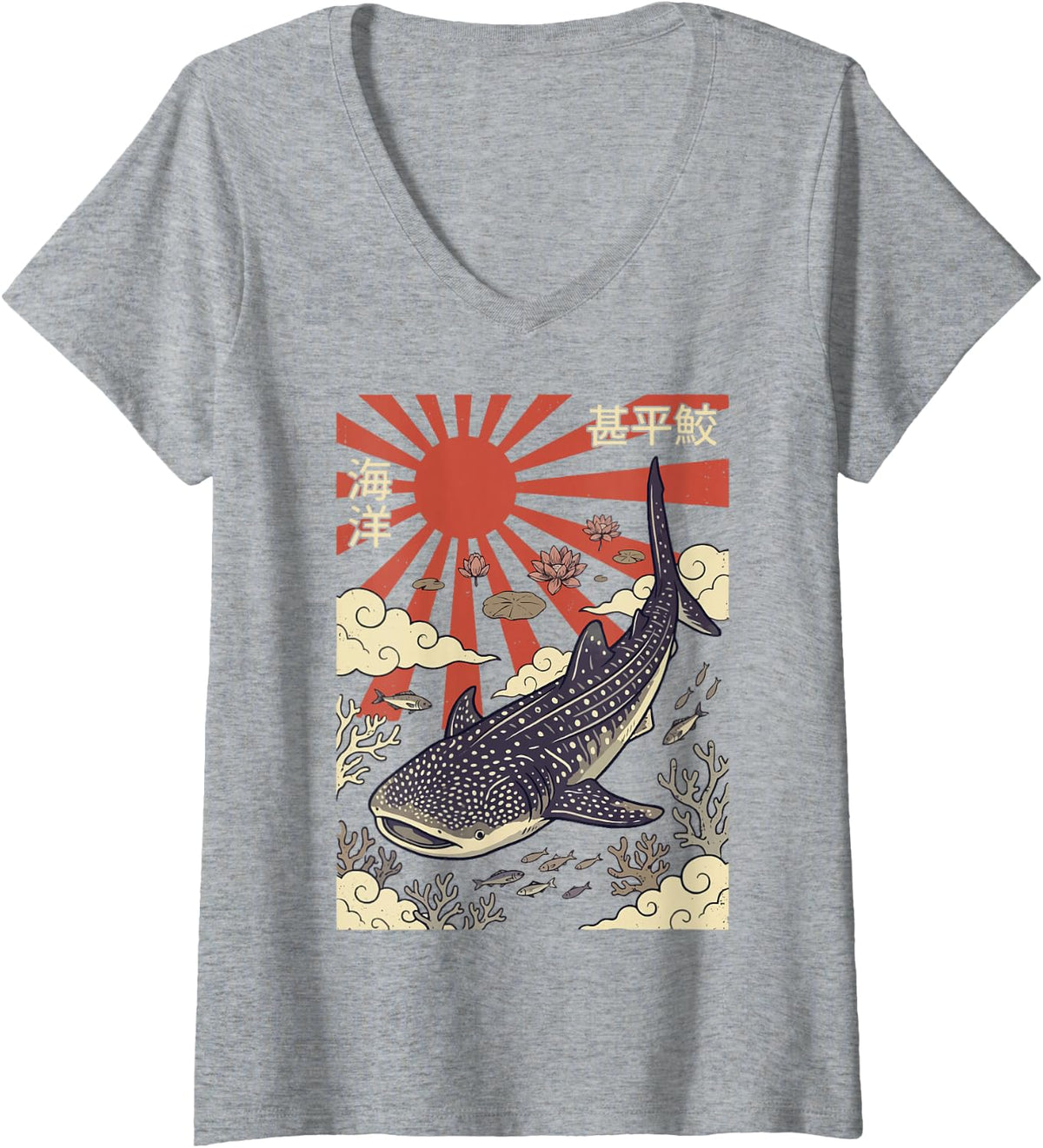 Women's Whale Shark Japanese Ocean V-Neck T-Shirt - Heather Grey