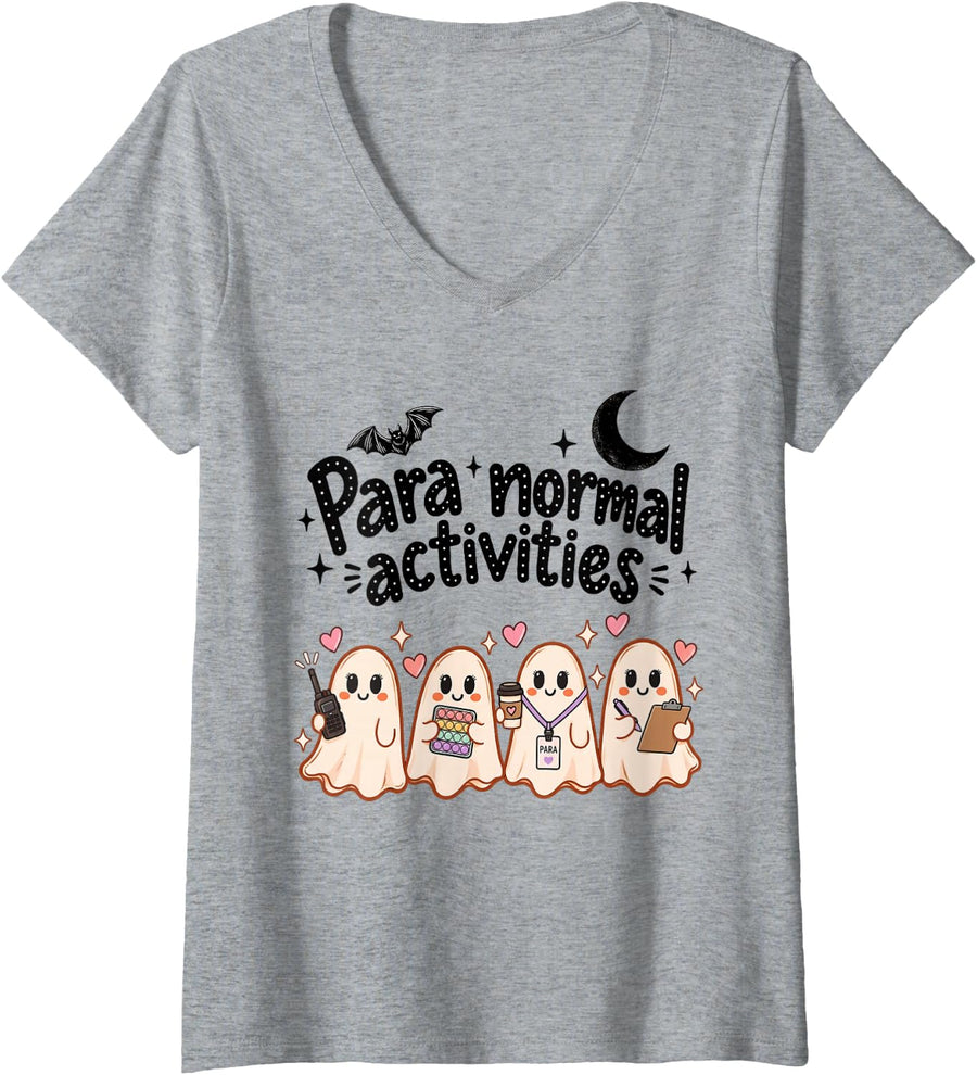 Women's para Normal Activities Cute Ghost Paraprofessional Halloween V-Neck T-Shirt - Heather Grey