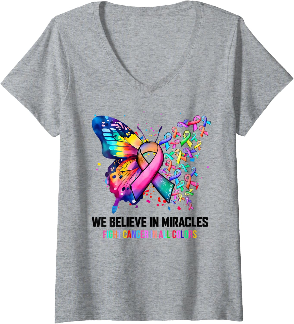 Womens We Believe In Miracles Fight Cancer In All Color Butterfly V-Neck T-Shirt - Heather Grey