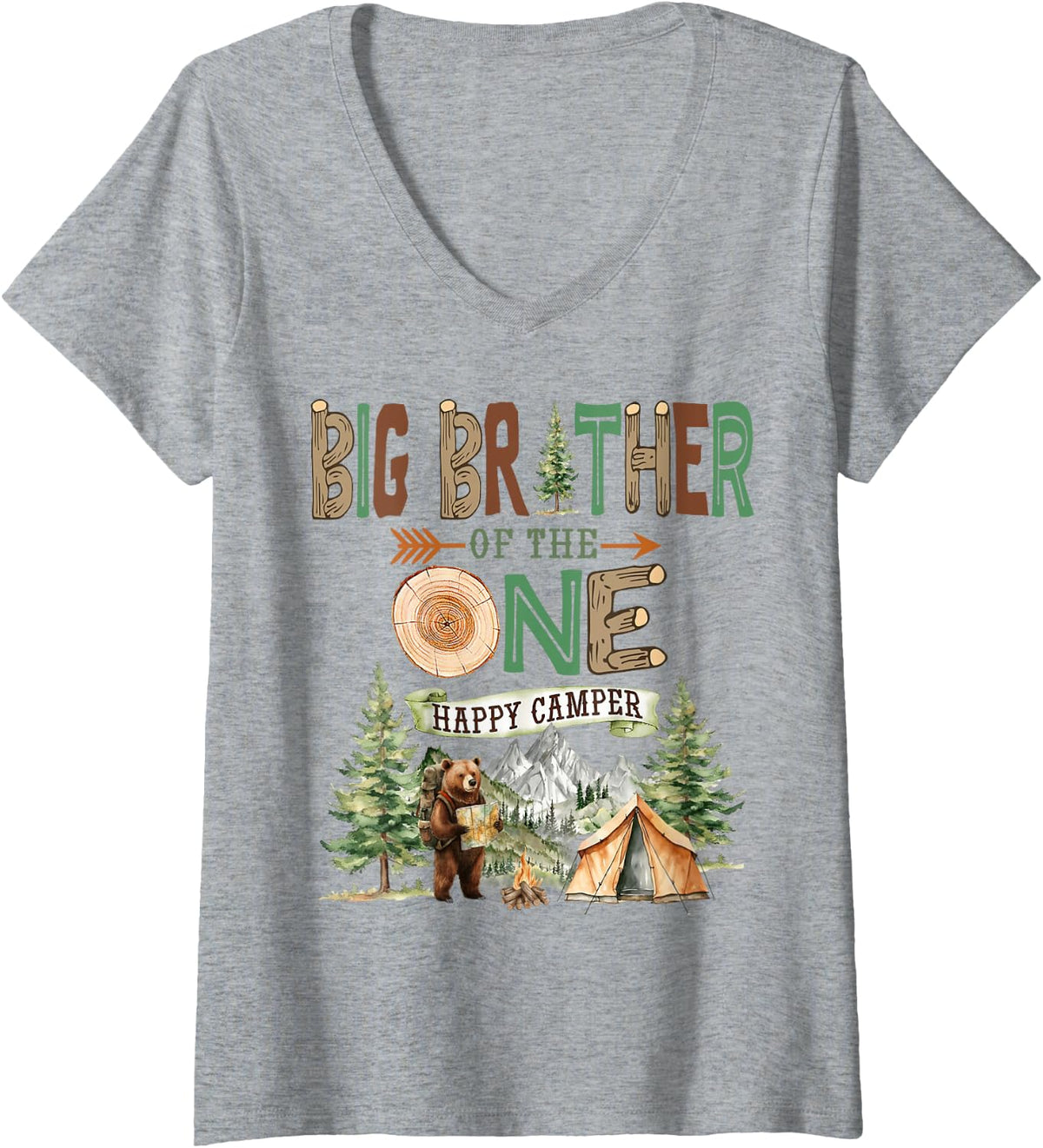Women's Big Brother of The One Happy Camper 1st Birthday Camping V-Neck T-Shirt - Heather Grey