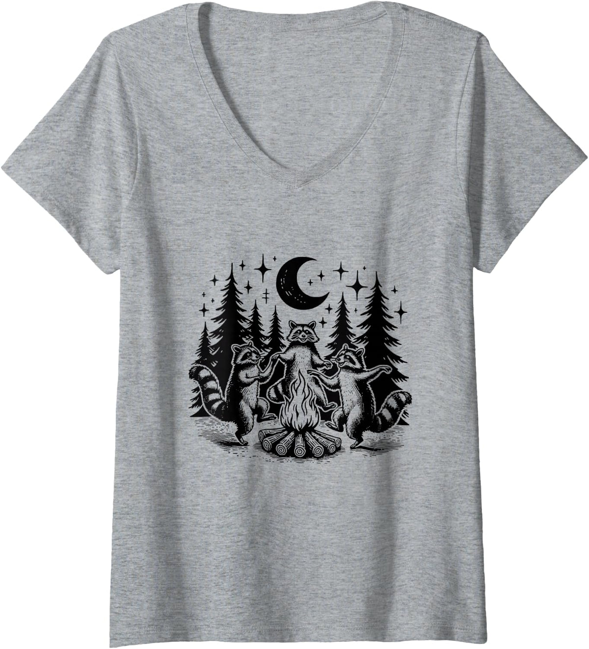 Women's Campfire Vintage Cute Racoon Camping Funny Raccoon V-Neck T-Shirt - Heather Grey