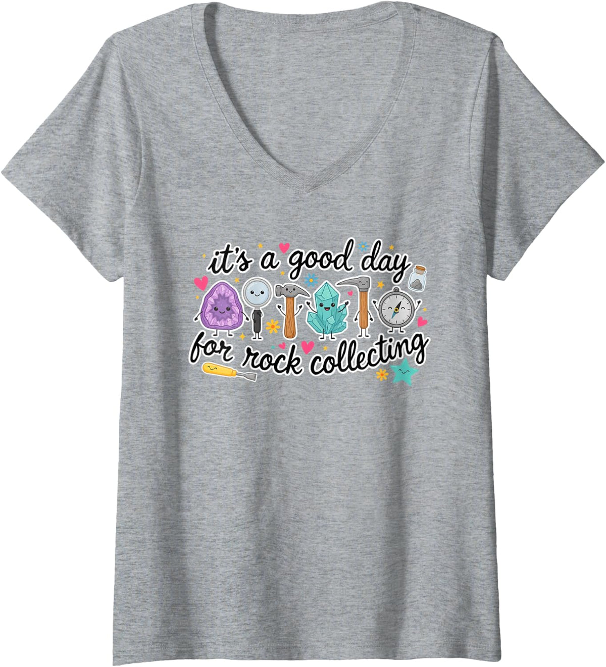 Women's Rock Collecting Rockhounding Geology Mineral Crystal Hound V-Neck T-Shirt - Heather Grey