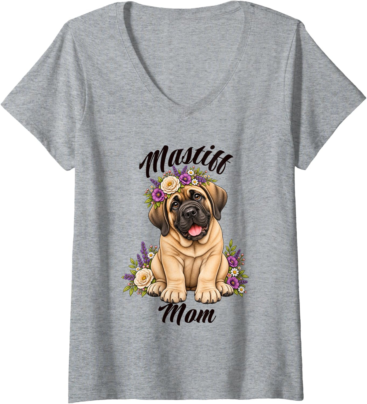Women's Mastiff Mom Cute Puppy Flowers Crown Floral Dog V-Neck T-Shirt - Heather Grey