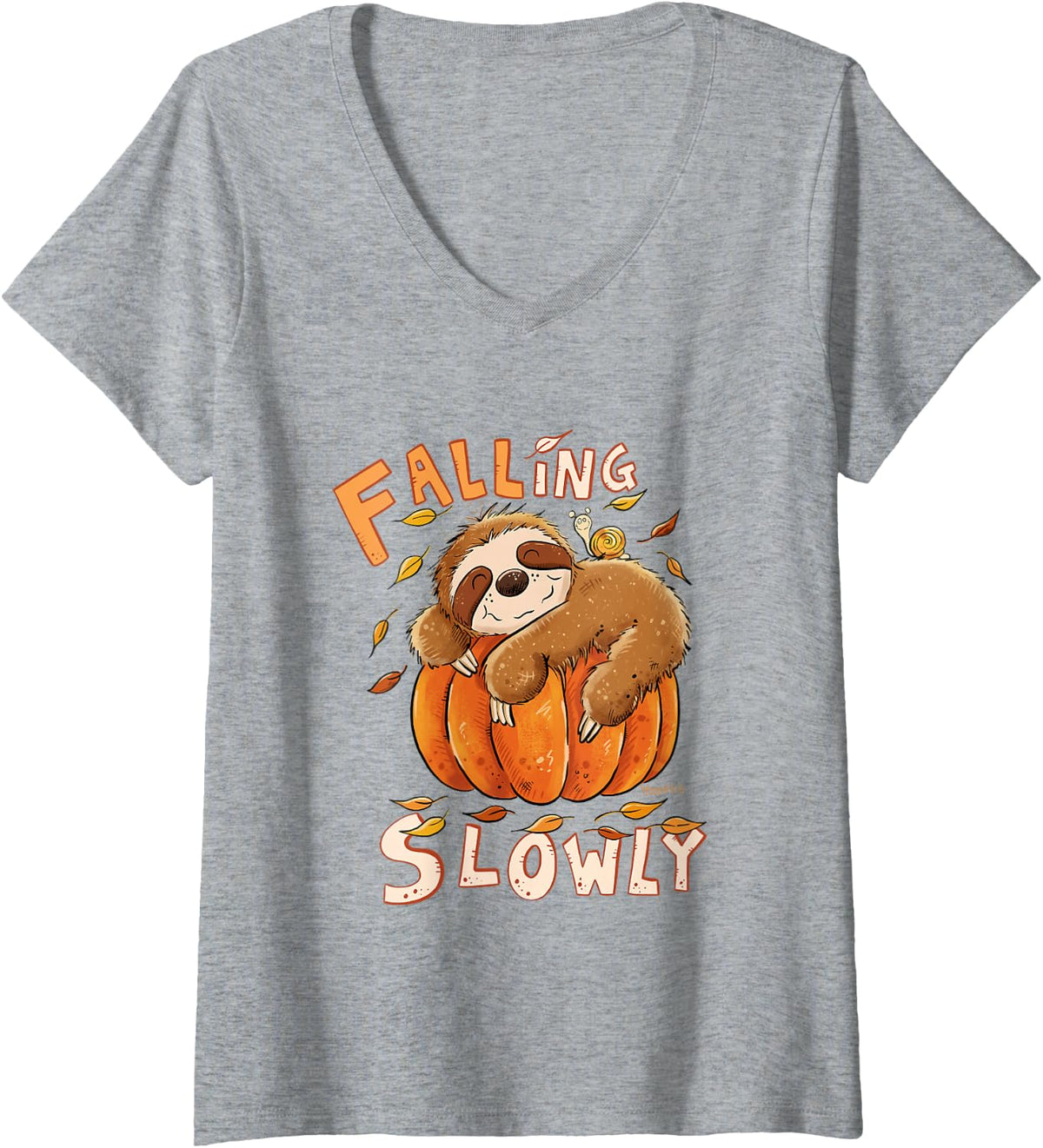 Women's Cute Sloth Pumpkin Fall Quote Halloween Hand Drawn Cartoon V-Neck T-Shirt - Heather Grey