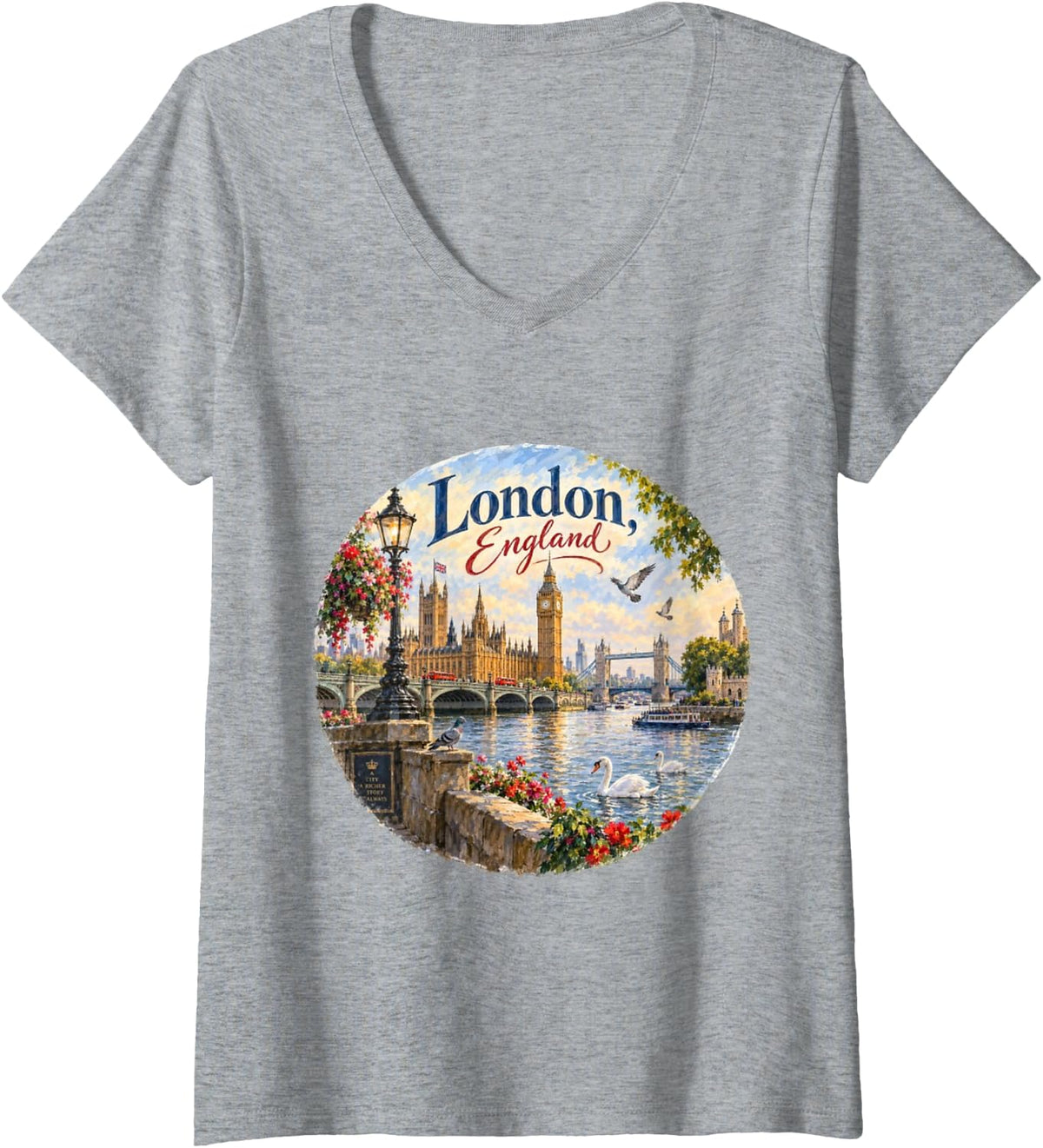 Women's London England, Europe, Big Ben, Bridge Castle V-Neck T-Shirt - Heather Grey