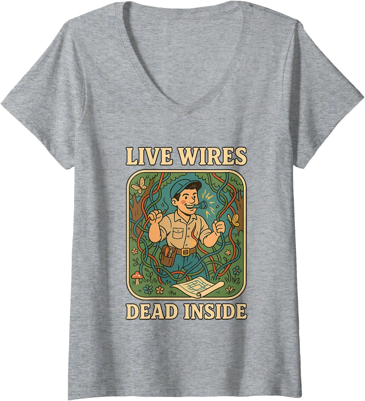 Women's Electrician Live Wires Dead Inside Funny Lineman V-Neck T-Shirt - Heather Grey