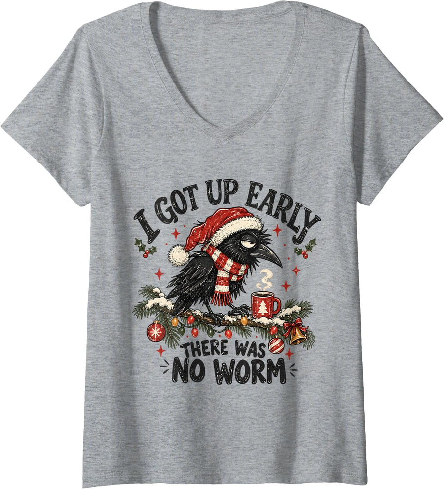 Women's Funny Early Bird Crow Christmas Coffee Lover Holiday Humor V-Neck T-Shirt - Heather Grey
