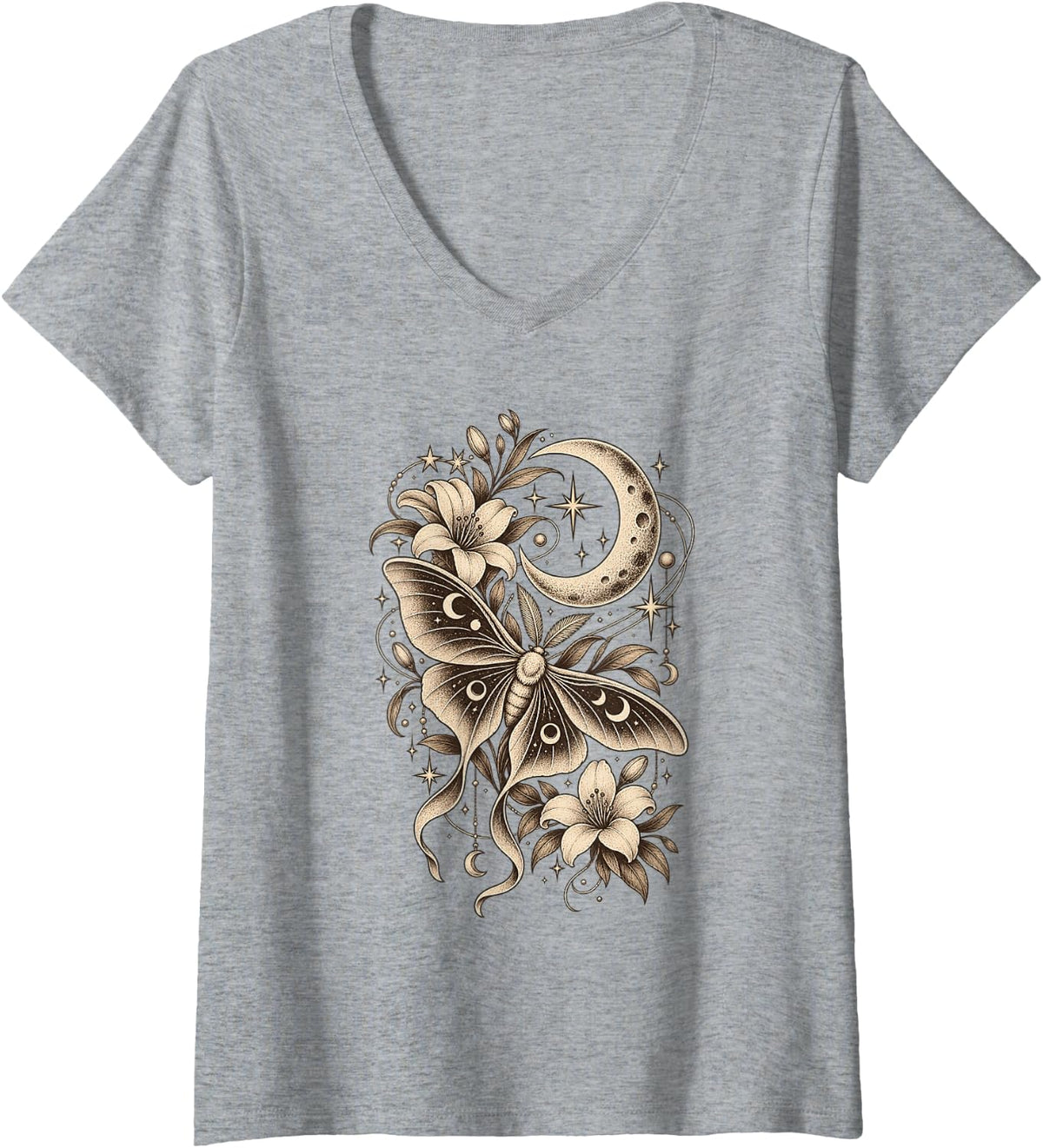 Women's Celestial Moth Crescent Moon Floral Flower Stars Vintage V-Neck T-Shirt - Heather Grey