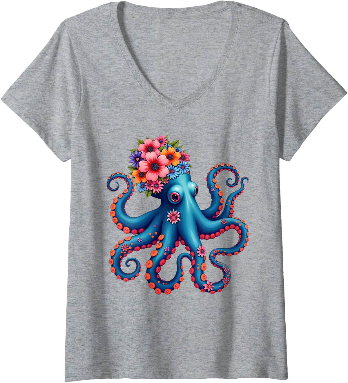 Women's Cute Floral Ocean Octopus Vintage Marine Life Floral Sea Art V-Neck T-Shirt - Heather Grey