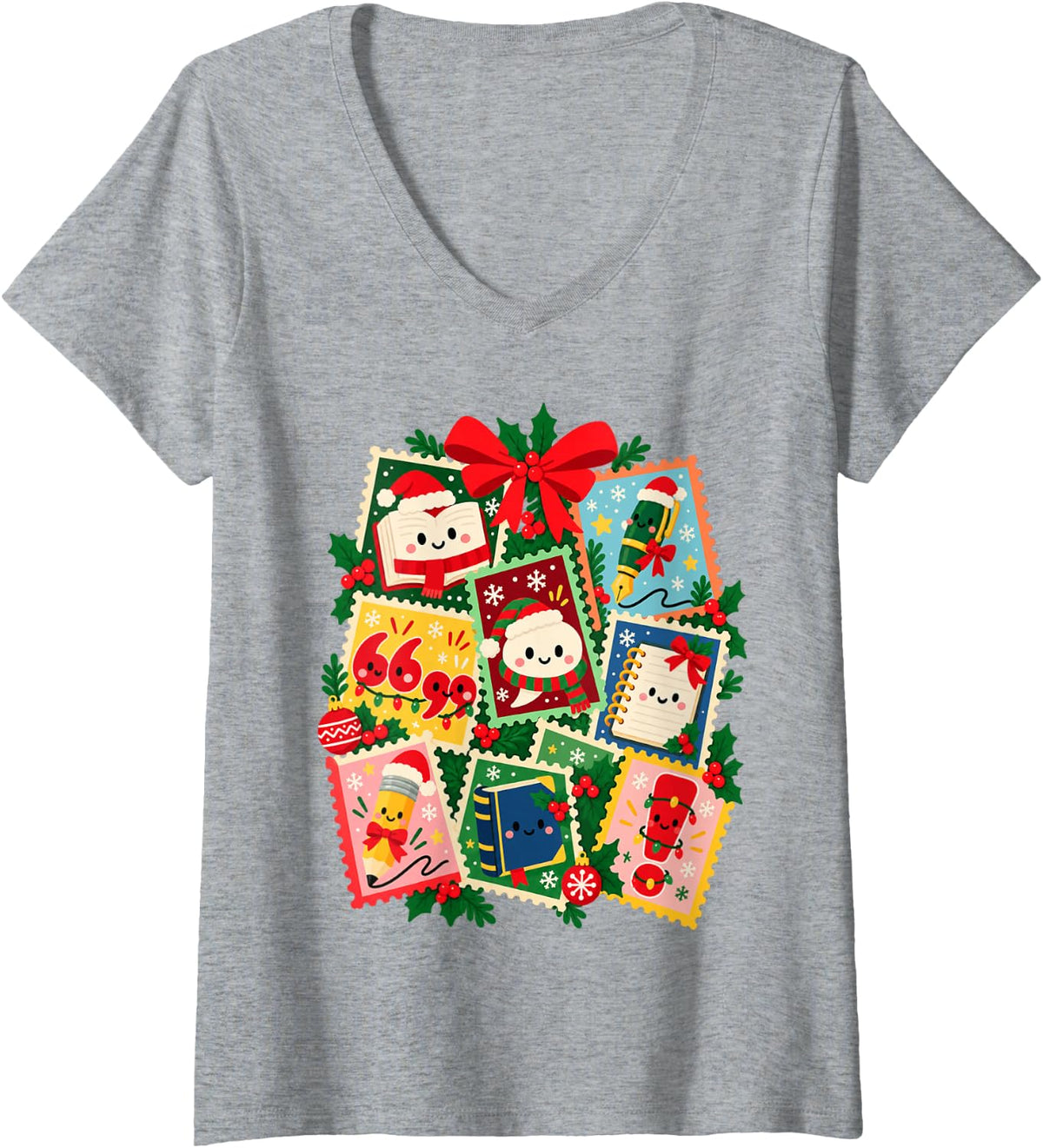 Women's Christmas English Teacher Writing Holiday Stamp Collage V-Neck T-Shirt - Heather Grey