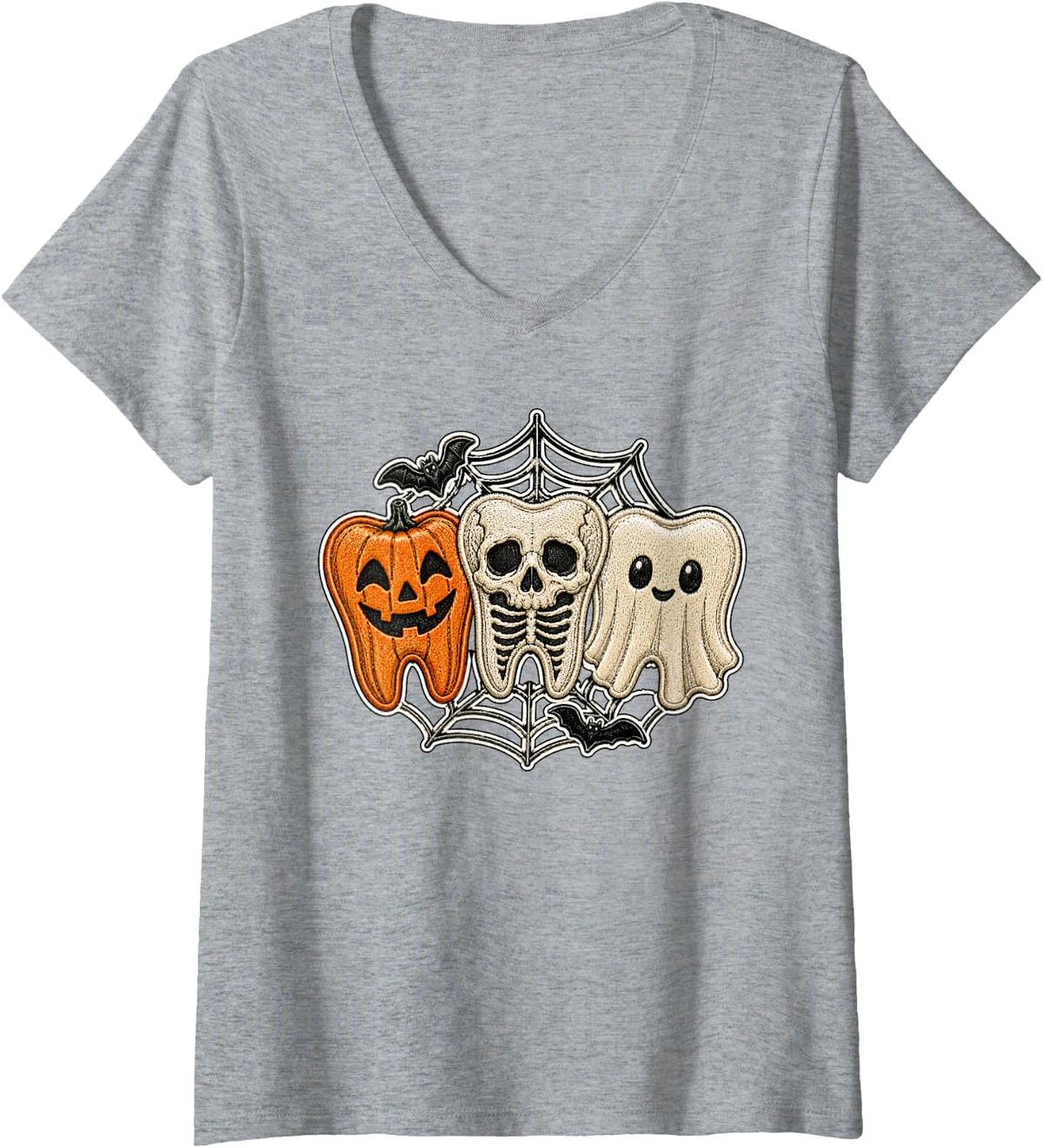 Women's Skeleton Teeth Spooky Tooth Ghost Dentist Halloween Dental V-Neck T-Shirt - Heather Grey