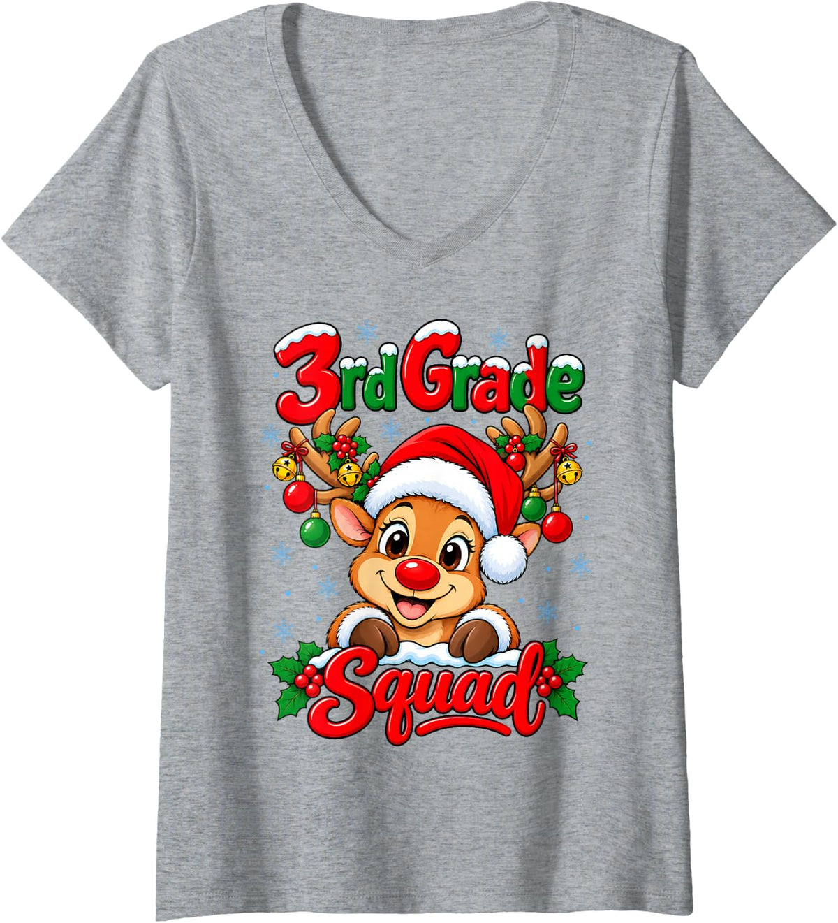 Women's Third 3rd Grade Squad Christmas Reindeer Students Teachers V-Neck T-Shirt - Heather Grey
