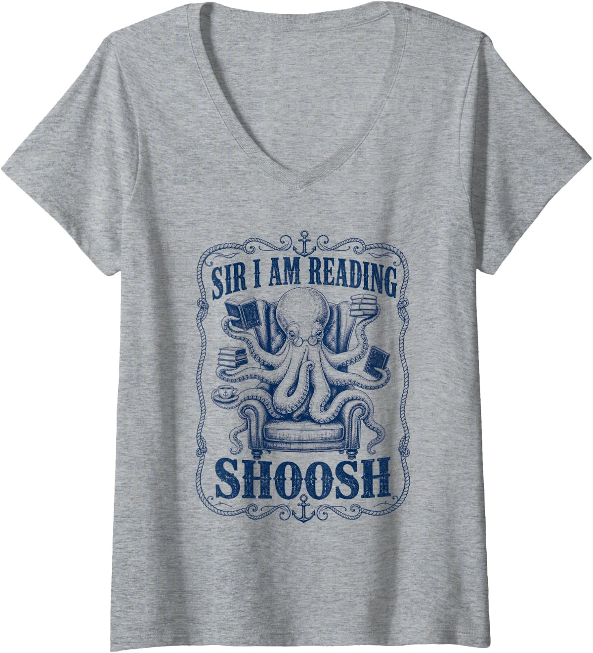Women's Sir I'm Reading Shoosh Octopus Book Lover Reader V-Neck T-Shirt - Heather Grey