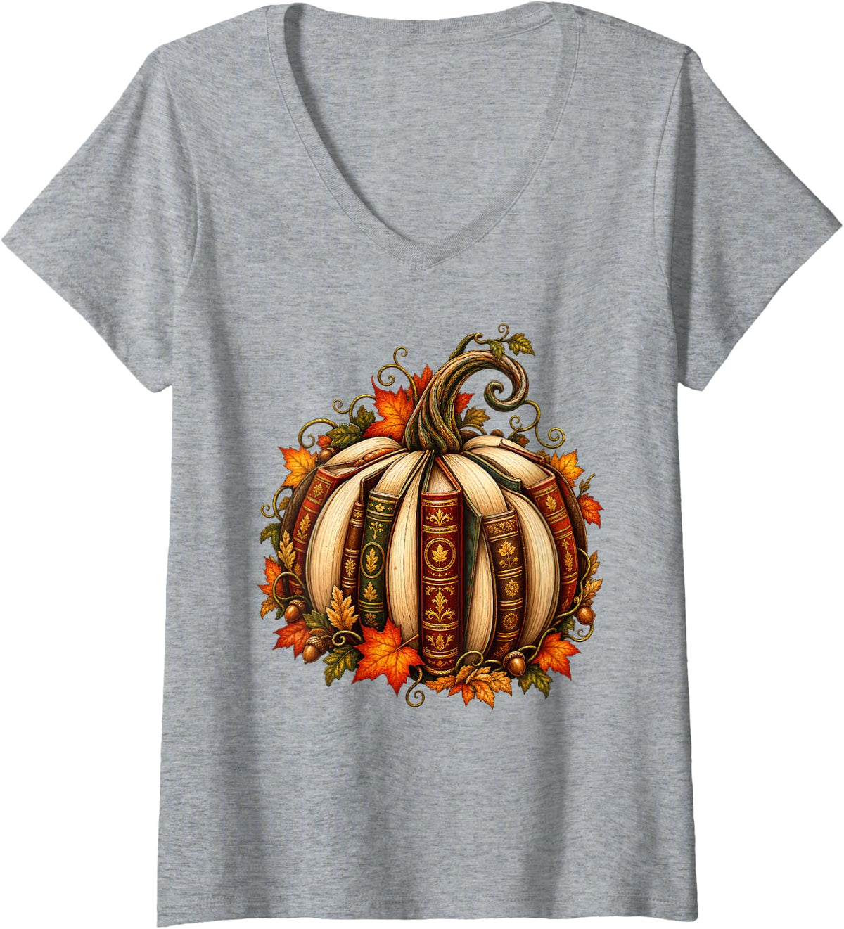 Women's Pumpkin Books Autumn Fall Reading Bibliophile Aesthetic V-Neck T-Shirt - Heather Grey