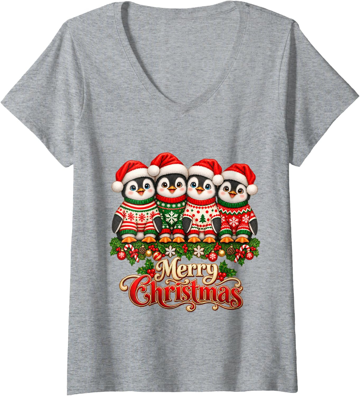 Women's Merry Christmas Penguin Santa Hat Holiday Animal Lover V-Neck T-Shirt - Heather Grey
