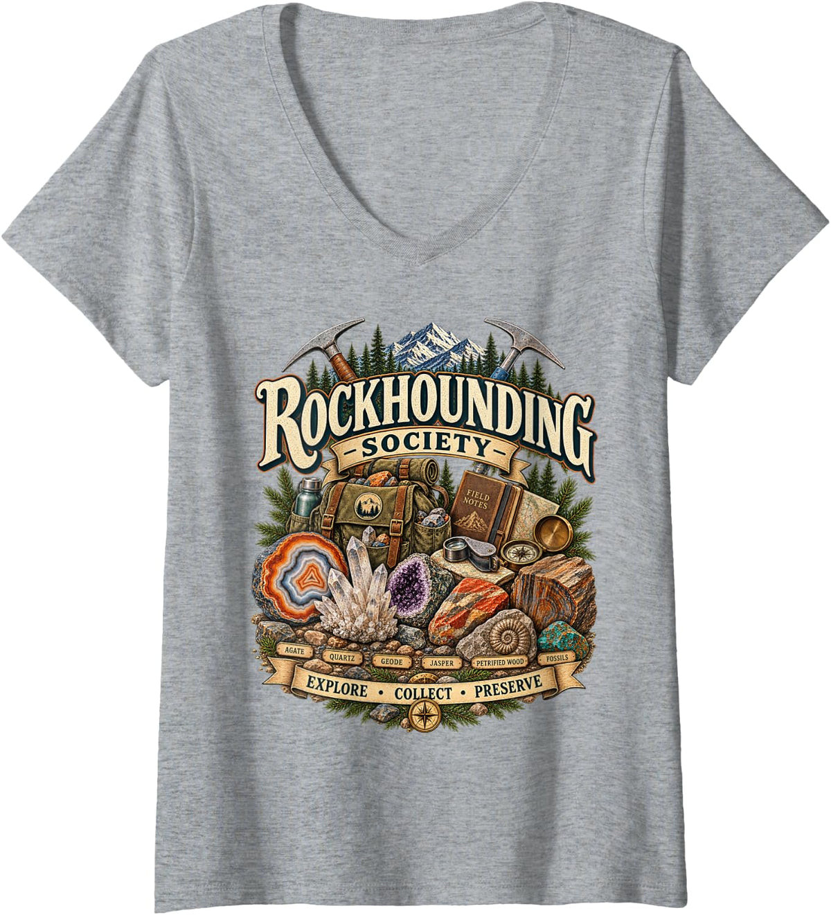Women's Rockhounding Society Rockhound Rock Collector Rock Hunter V-Neck T-Shirt - Heather Grey