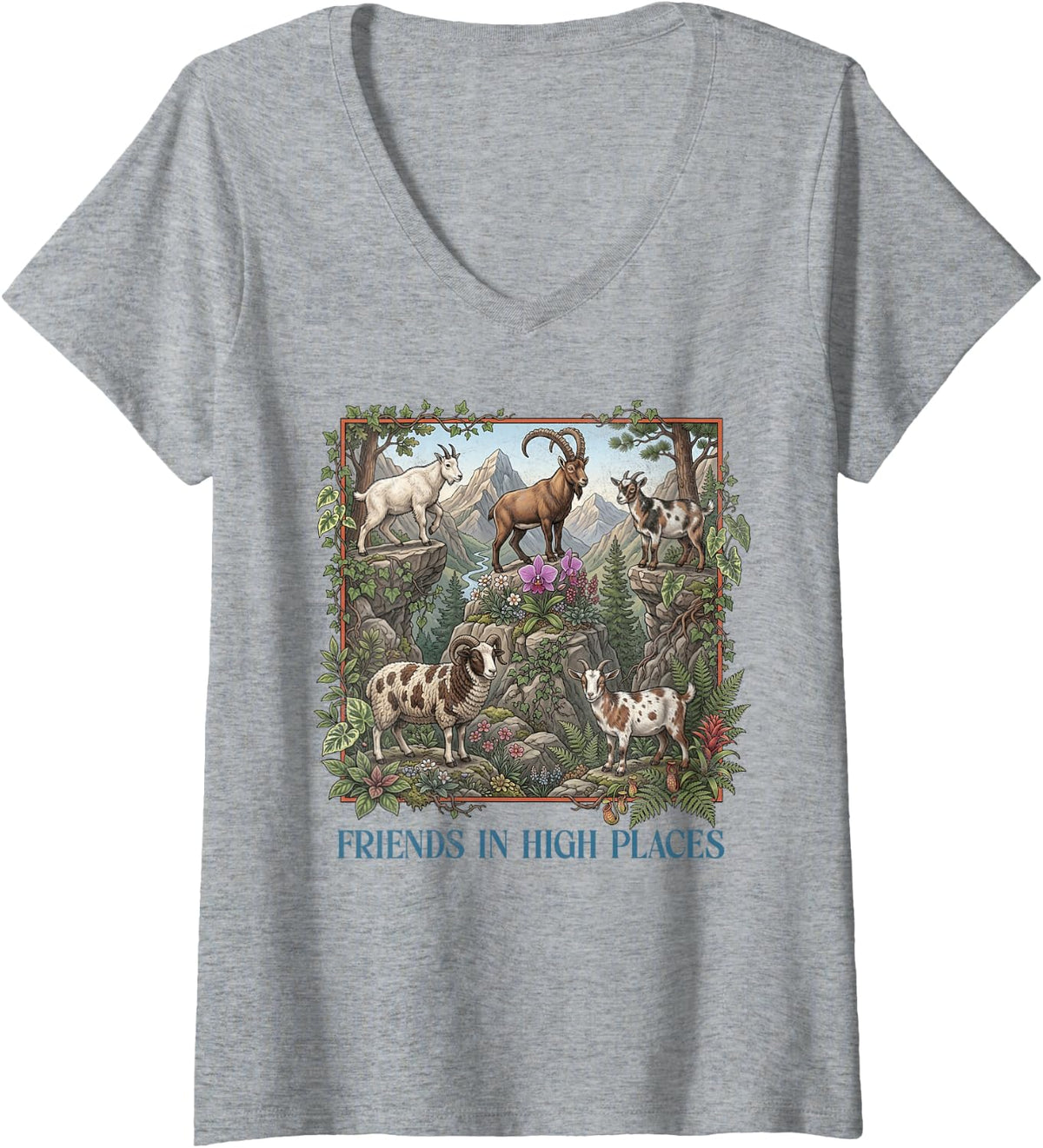 Women's Friends in High Places Shirt Mountain Goat Nature Lover V-Neck T-Shirt - Heather Grey