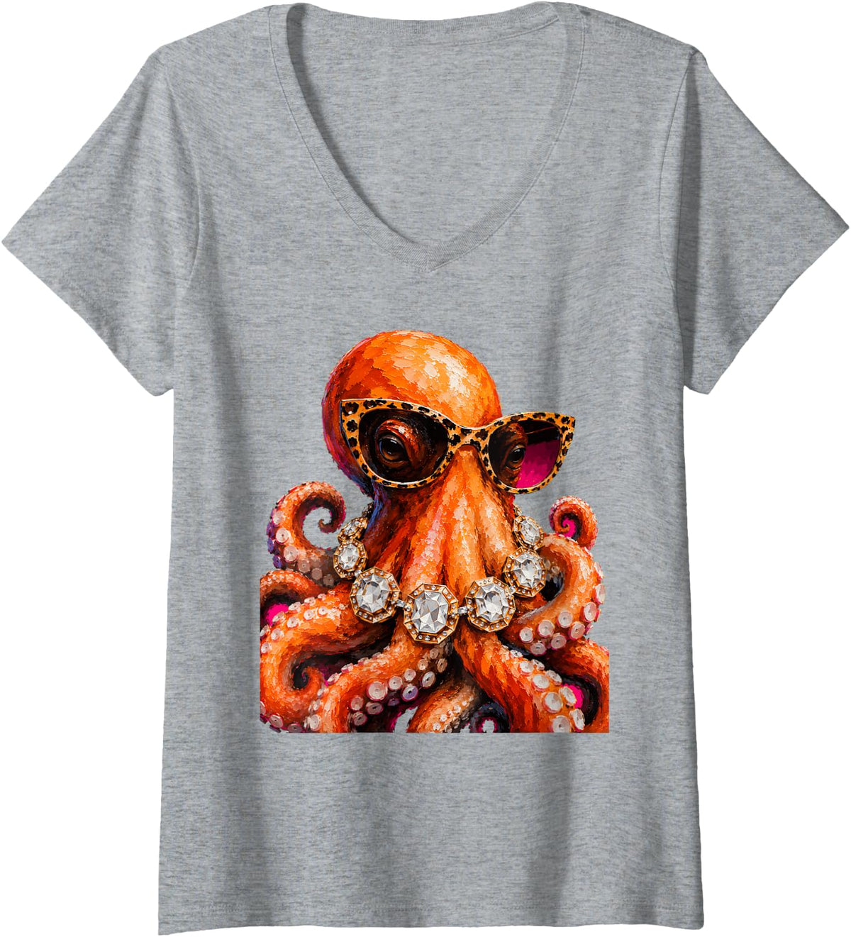 Women's Cool Octopus Roar Leopard Sunglasses Funny Humor V-Neck T-Shirt - Heather Grey