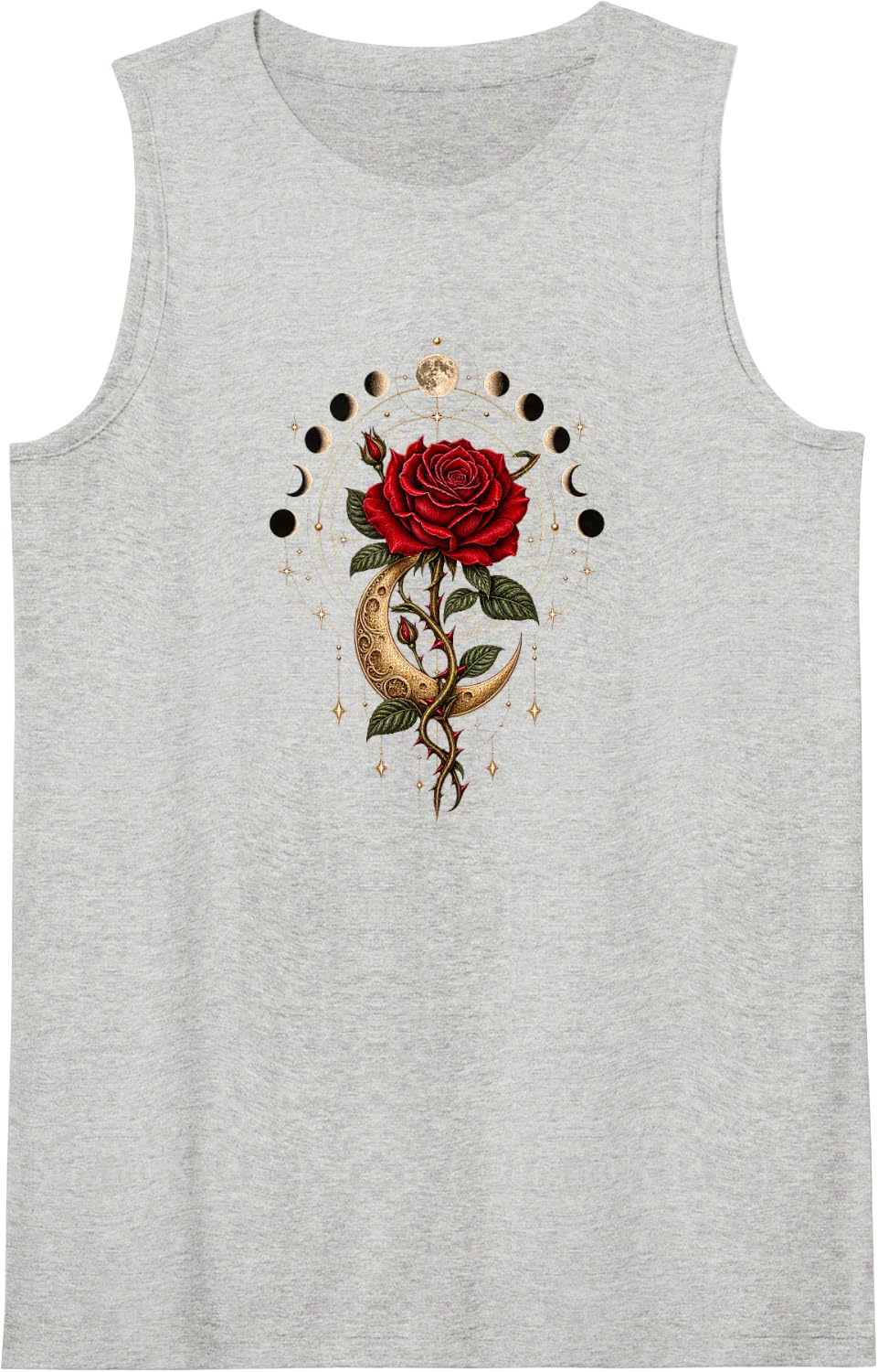 Red Goth Rose Crescent Moon Lunar Phases Celestial Botanical Sleeveless Tank Top - Heather Grey