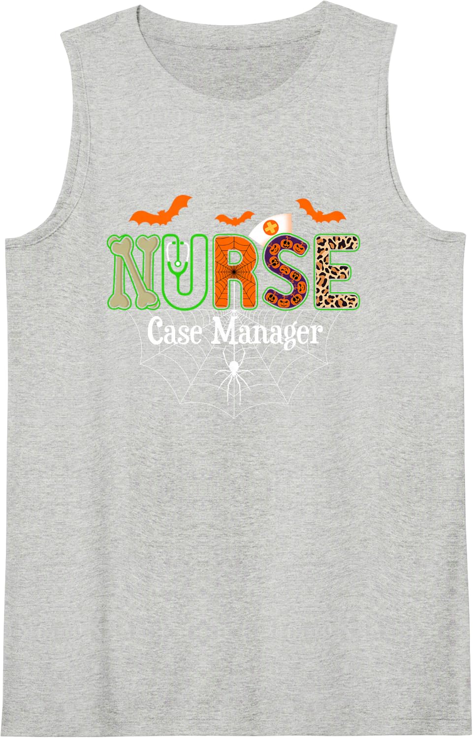Nurse Case Manager Halloween Pumpkin Leopard Stethoscope Sleeveless Tank Top - Heather Grey