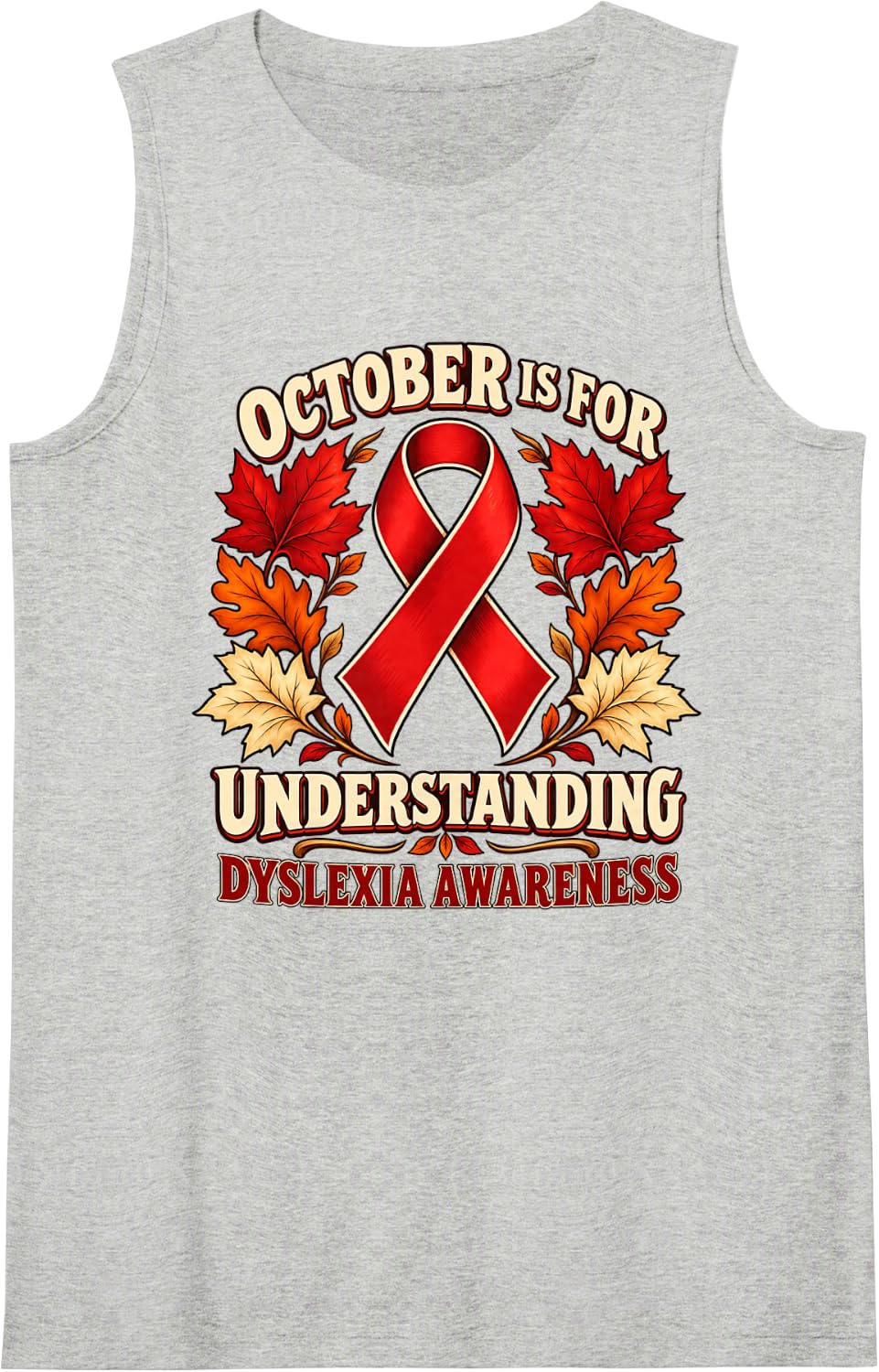 October is for Understanding Dyslexia Awareness Ribbon Sleeveless Tank Top - Heather Grey