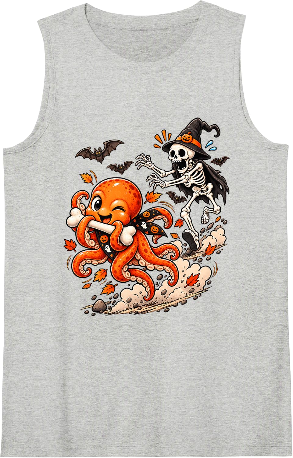 Funny Octopus Chased by Witch Skeleton Halloween Men Women Tank Top - Heather Grey