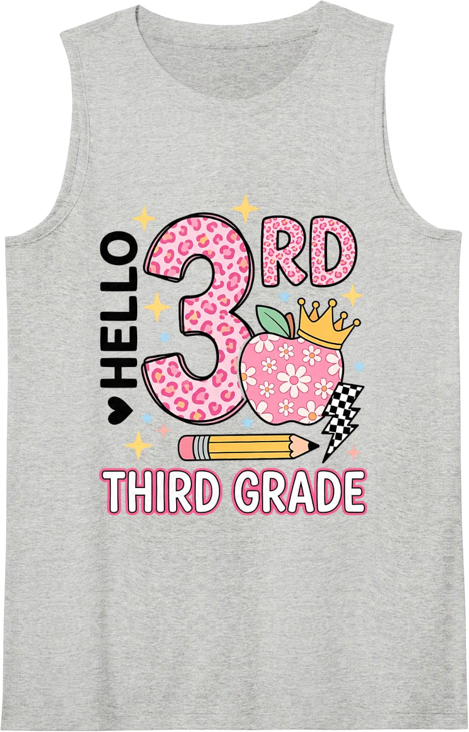 Hello 3RD Third Grade Leopard Back to School Teacher Sleeveless Tank Top - Heather Grey
