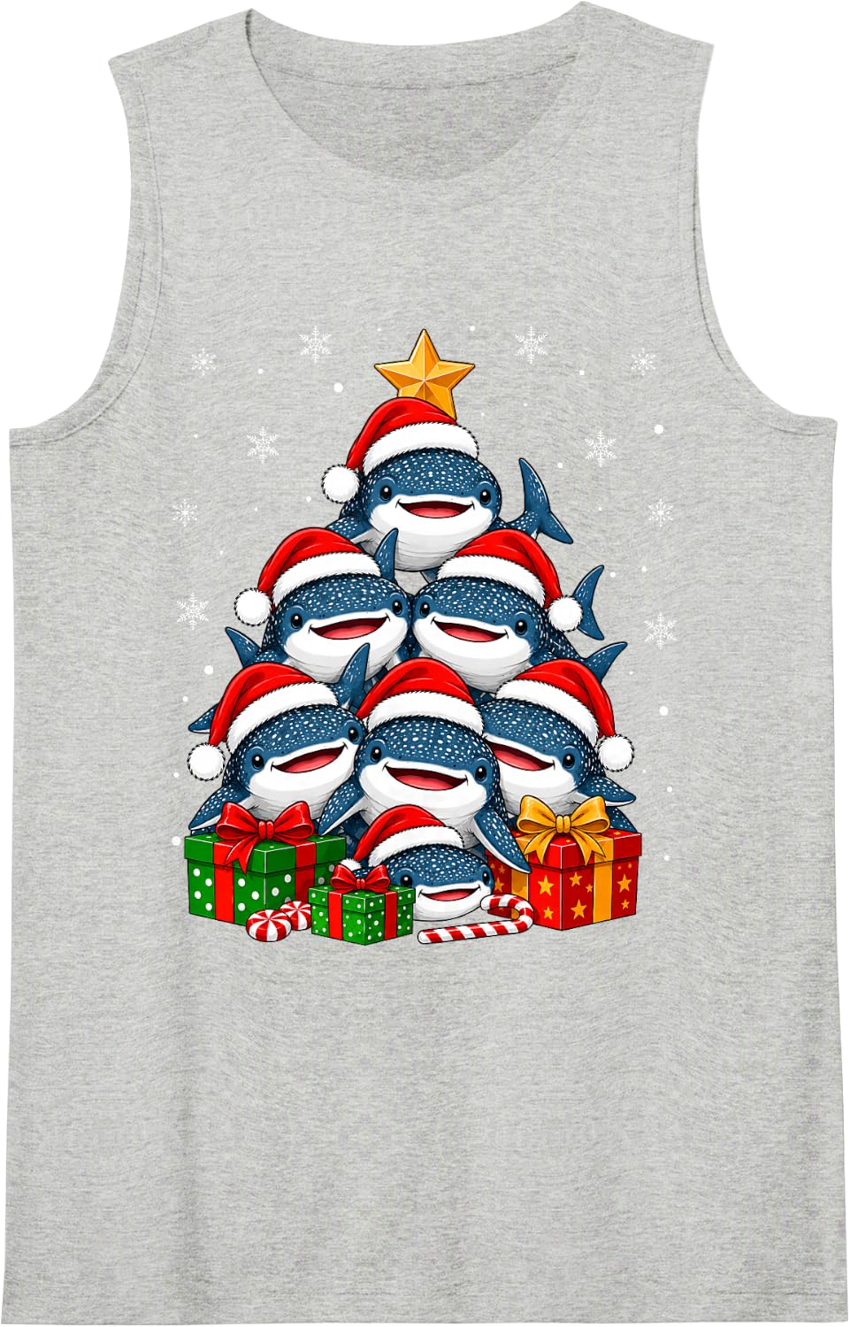Whale Shark Christmas Tree Cute Animal Festive Santa Xmas Sleeveless Tank Top - Heather Grey