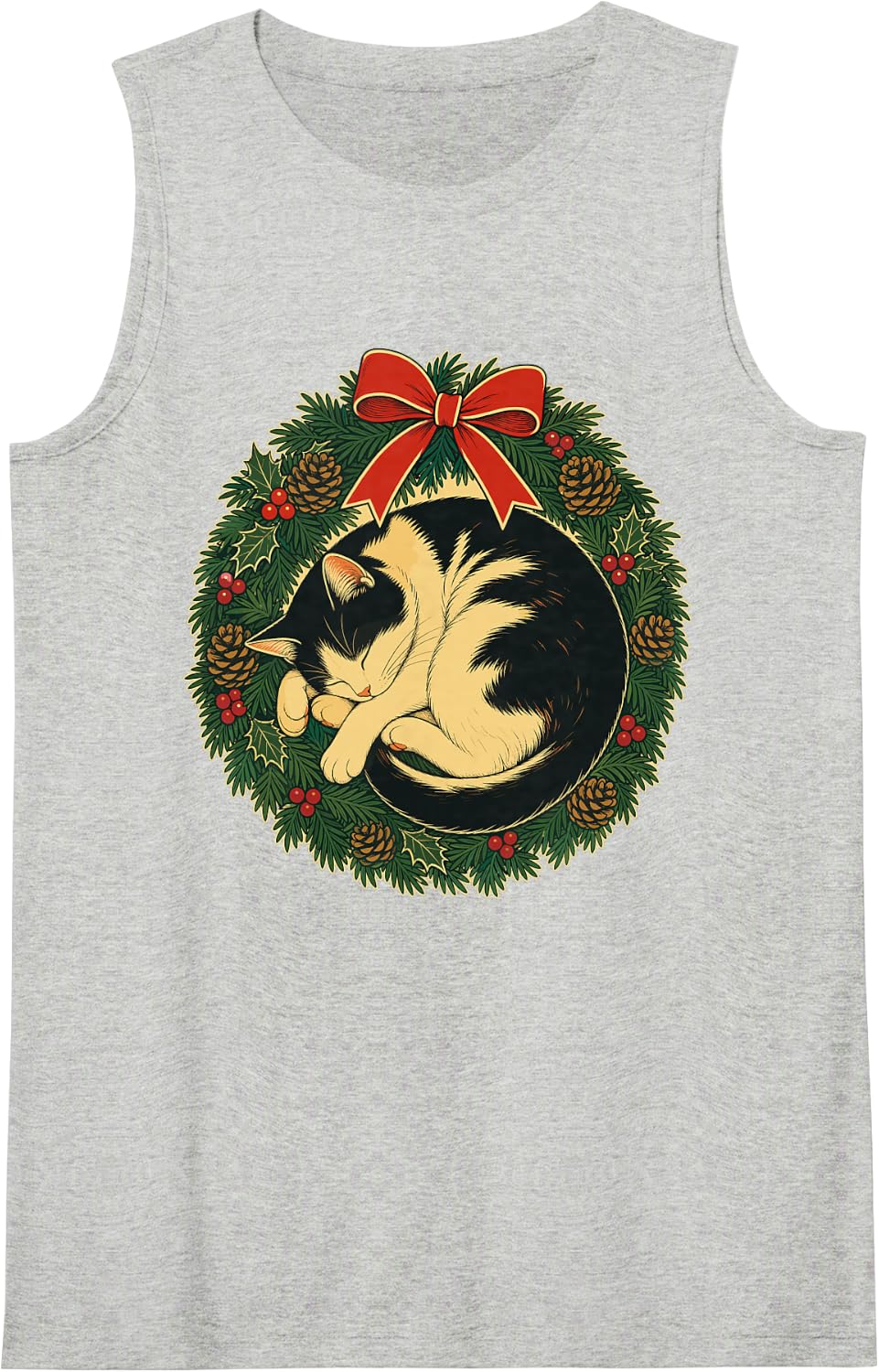 Cat Christmas Wreath Sleeping Calico Sleeveless Tank Top - Heather Grey