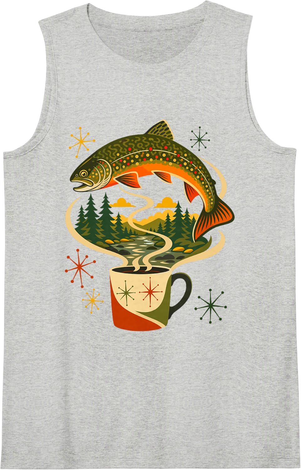 Brook Trout Fishing Coffee Mountain Stream Sleeveless Tank Top - Heather Grey