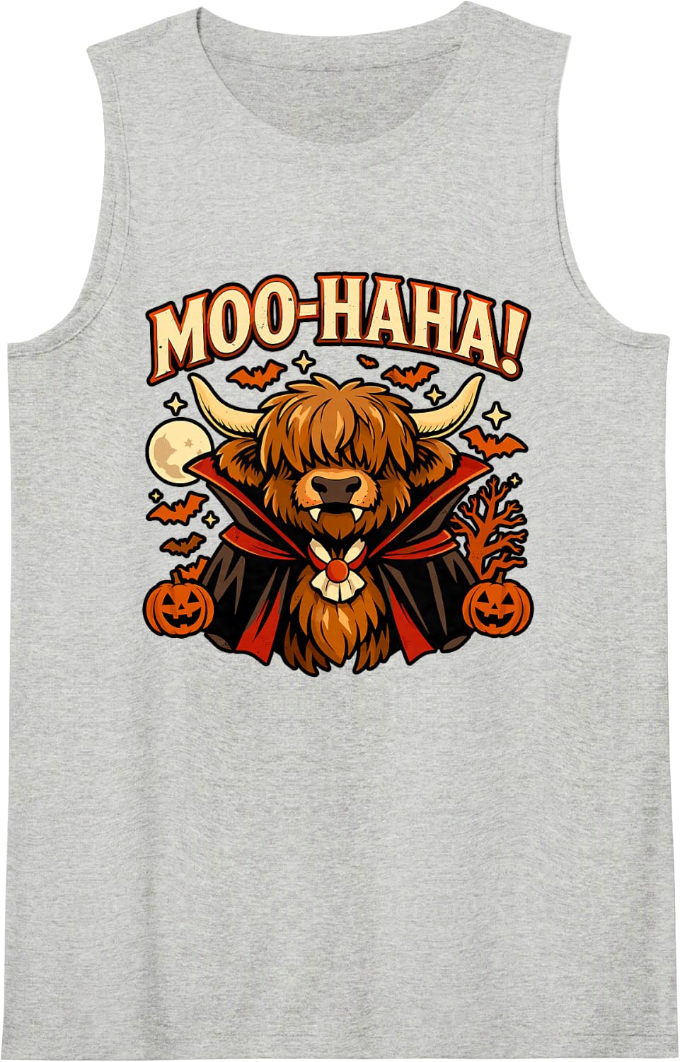 Moo Haha Vampire Highland Cow Funny Halloween Sleeveless Tank Top - Heather Grey