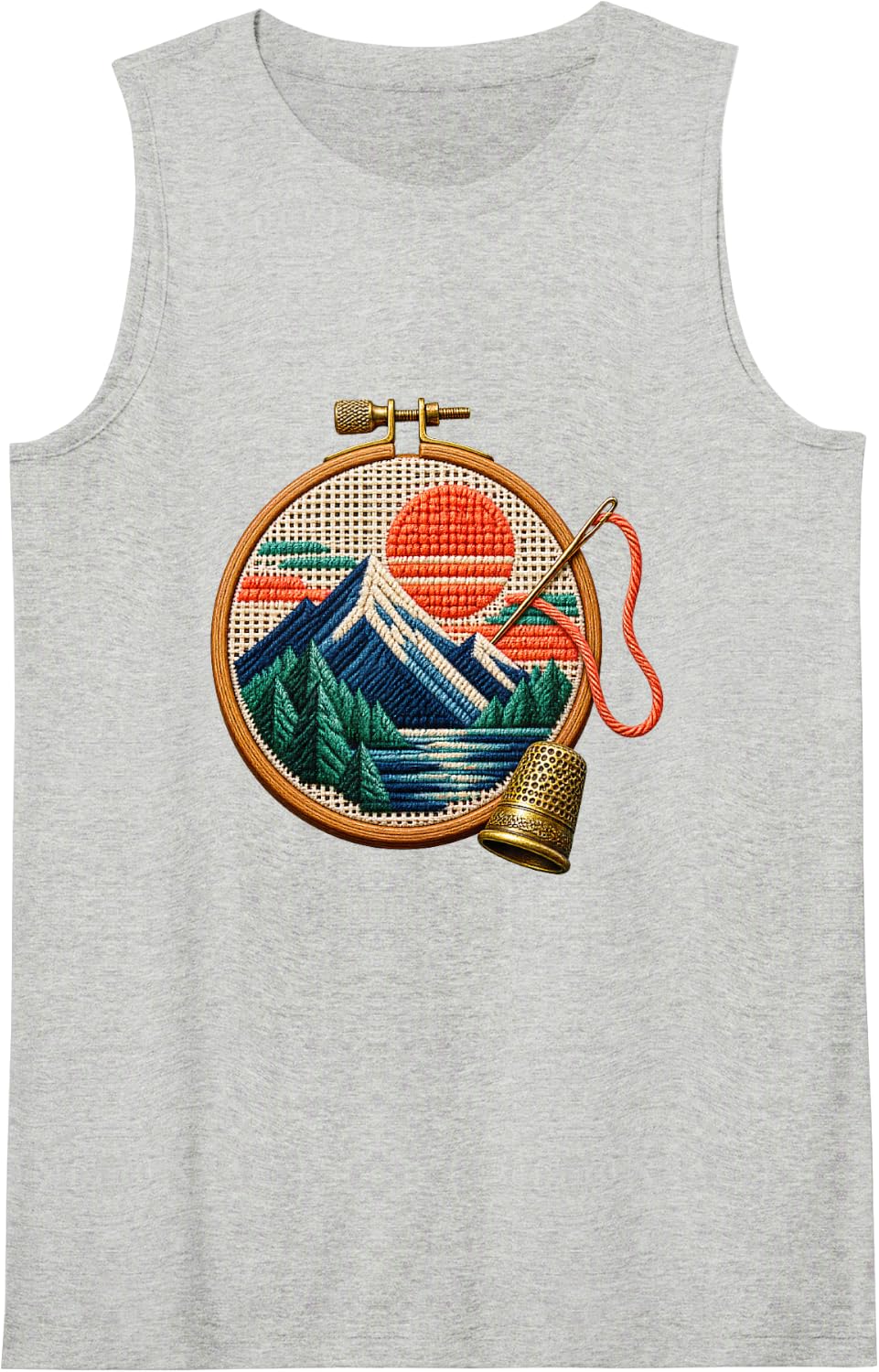 Classic Alpine Lake Needlepoint Hoop with Thread and Needle Sleeveless Tank Top - Heather Grey