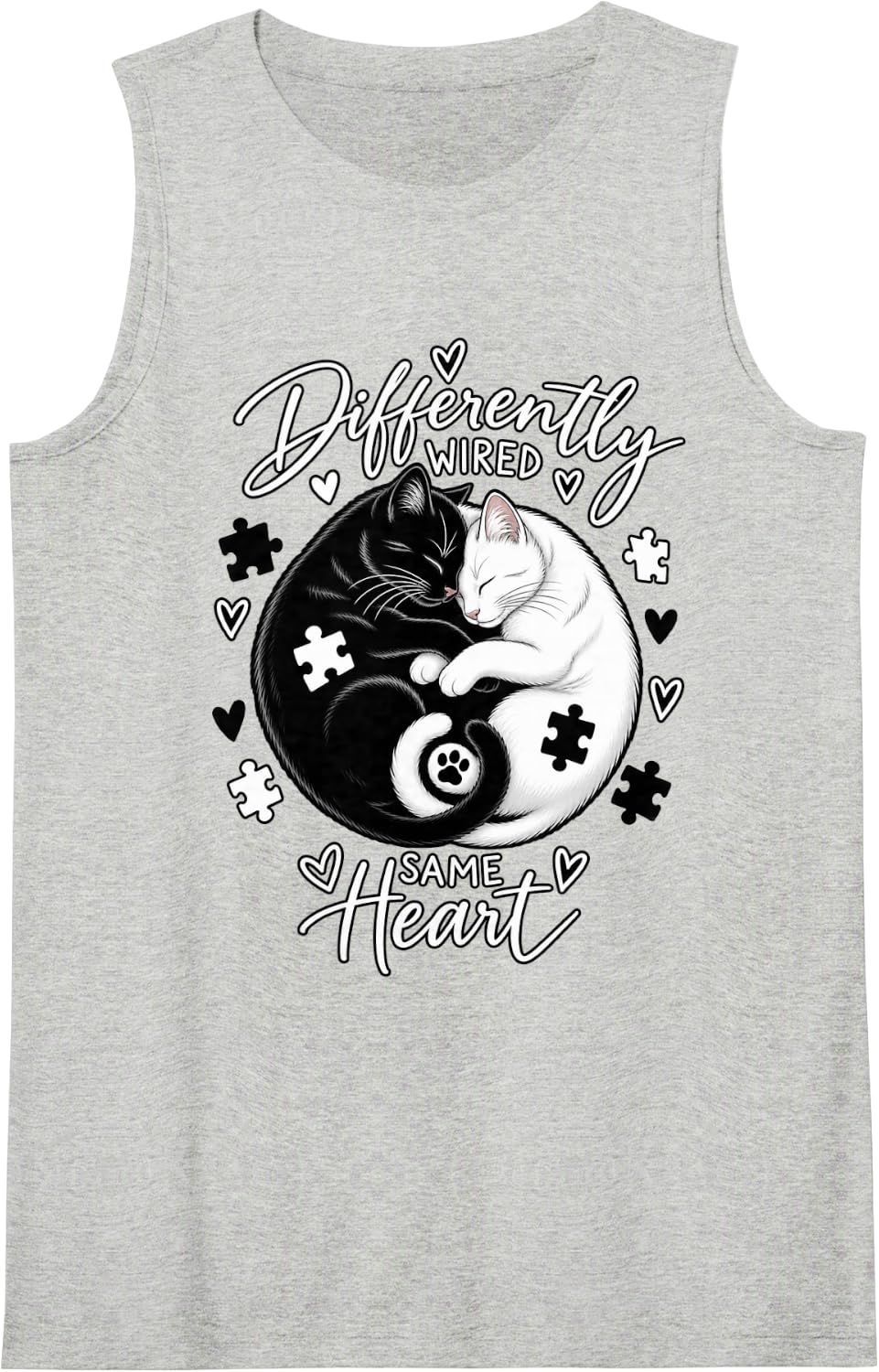 Autism Awareness Yin Yang Cats Differently Wired Same Heart Sleeveless Tank Top - Heather Grey