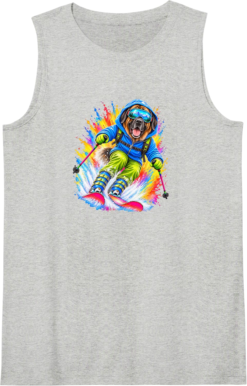Mastiff Dog Skiing Watercolor Splash Art Sleeveless Tank Top - Heather Grey
