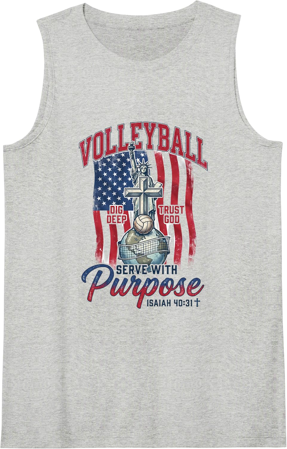 Volleyball Tshirt Christian Jesus Isaiah 40:31 American Flag Sleeveless Tank Top - Heather Grey
