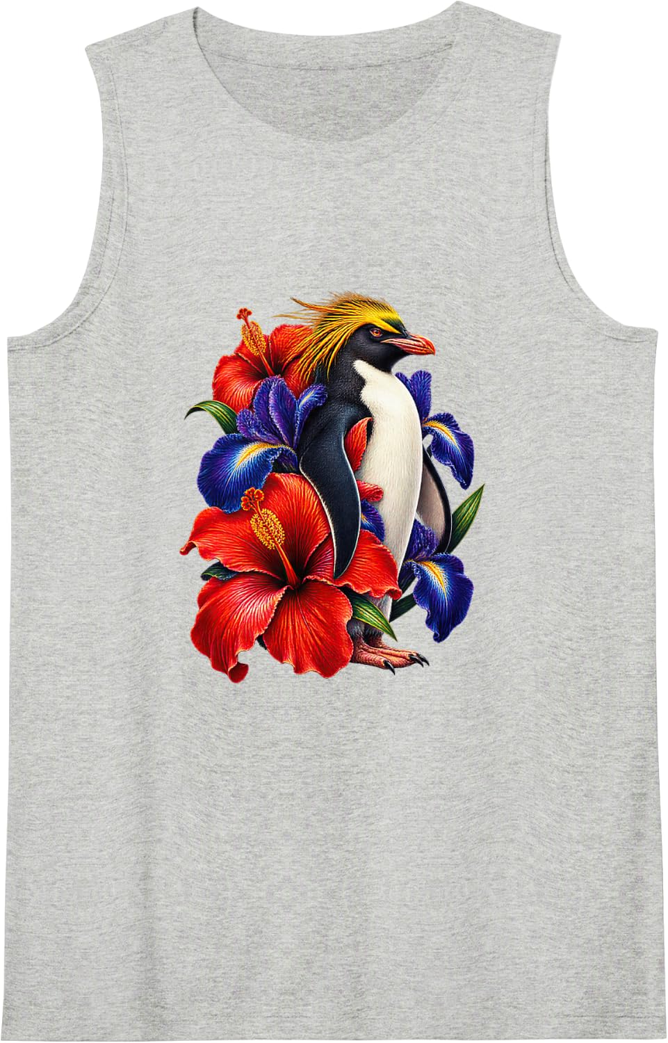 Macaroni Penguin with Red Hibiscus and Blue Irises Sleeveless Tank Top - Heather Grey