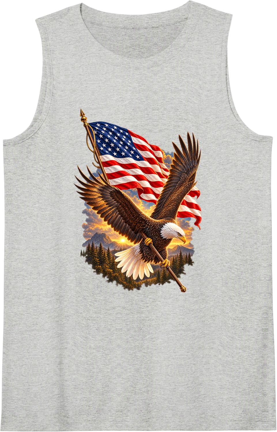 Patriotic Bald Eagle Soaring American Flag USA Mountains Sleeveless Tank Top - Heather Grey
