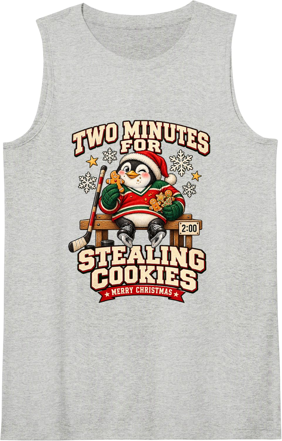 Funny Penguin Hockey Christmas Cookie Penalty Box Sleeveless Tank Top - Heather Grey