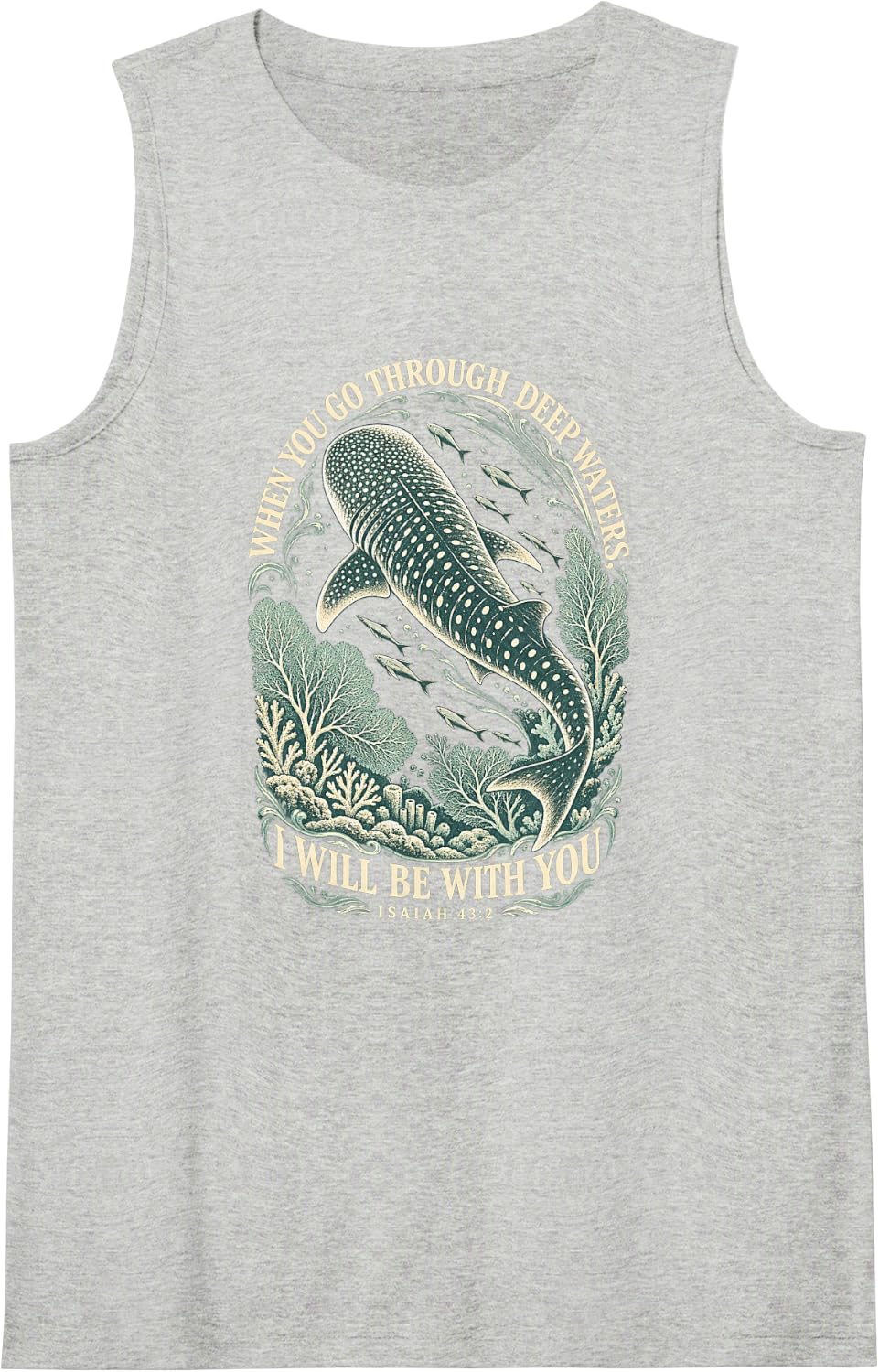 Teal Engraving Isaiah 43:2 Christian Whale Shark Sleeveless Tank Top - Heather Grey