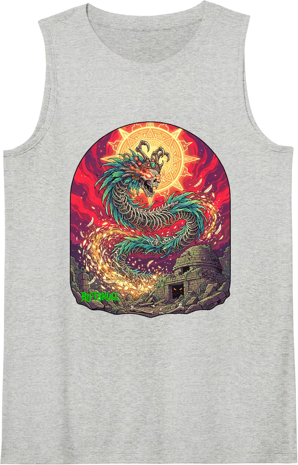 Skeleton Feathered Serpent Aztec Mythological Dark Fantasy Sleeveless Tank Top - Heather Grey